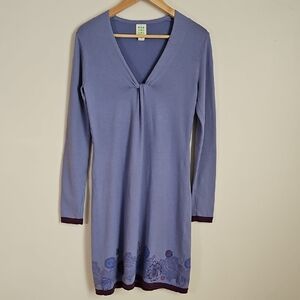 Title Nine XS Mobetta 60 Fine Knit Sweater Dress Purple Floral Hem Band Casual